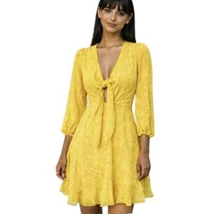 New! LC Yellow Eyelet Fit and Flare Cut Out Dress Boho Cottagecore Coquette S
